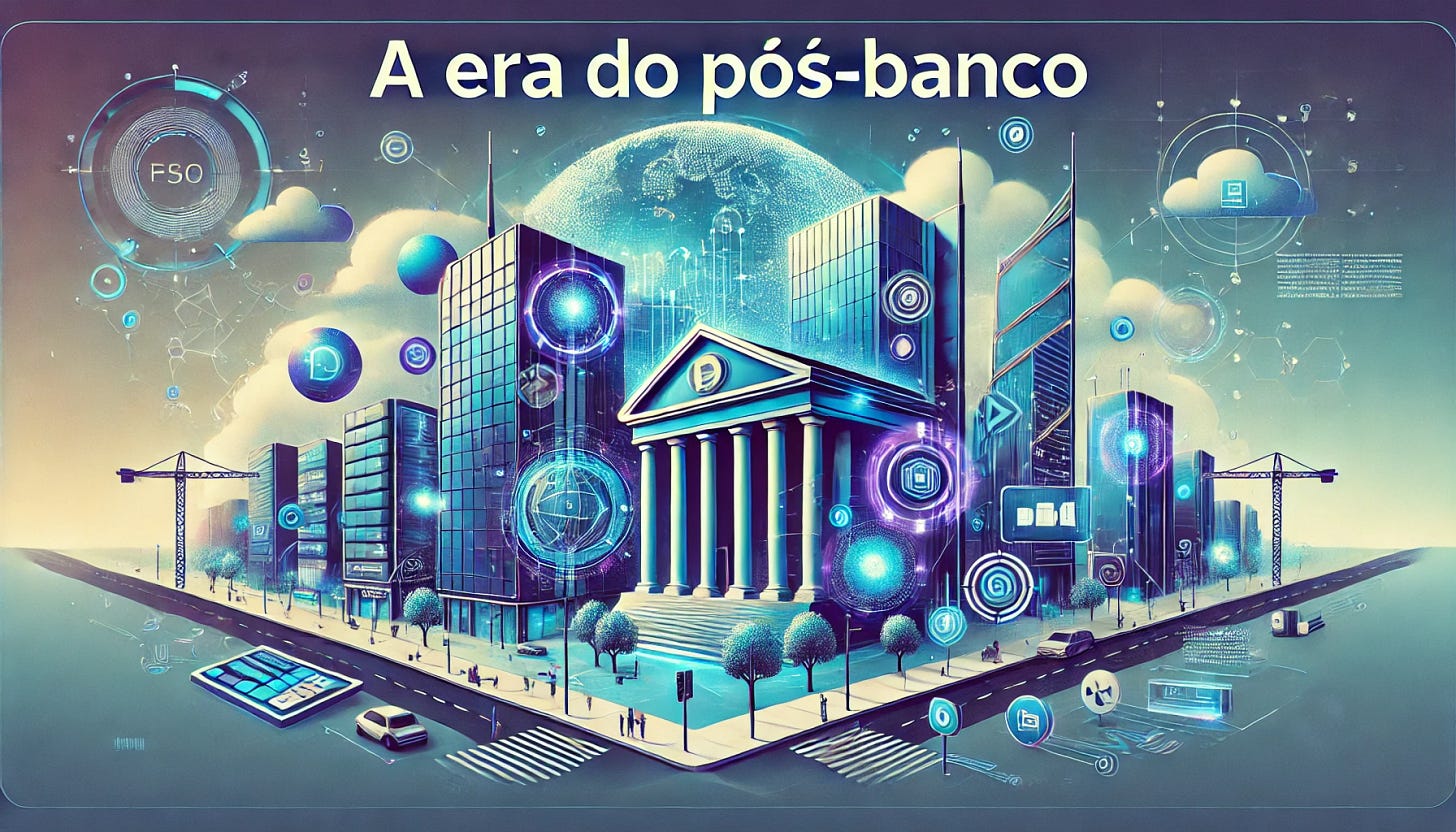 Create a high-quality digital illustration for a post titled 'A Era do Pós-Banco'. The image should depict a futuristic financial landscape where traditional bank buildings fade into the background, while new digital banking platforms, AI-driven financial assistants, and fintech ecosystems take center stage. Include elements like holographic transactions, mobile banking interfaces, and a vibrant, tech-forward aesthetic with blue and purple tones. The text 'A Era do Pós-Banco' should be prominently displayed in a modern, bold font.