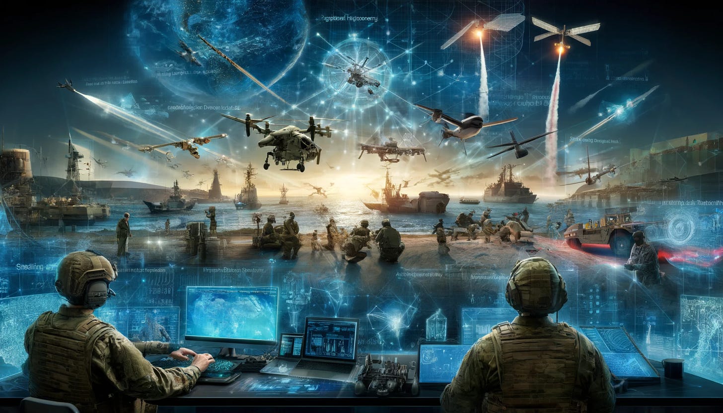 A dynamic scene capturing INDOPACOM preparedness with a focus on advancing digital engineering, accelerating software delivery, fielding unmanned technology, and addressing the threat to the space domain. In the foreground, military personnel are operating advanced computers with holographic displays showing software development and cyber defense strategies. Autonomous drones and unmanned vehicles are being deployed in a coastal environment, symbolizing readiness and technological advancement. Above, satellites and space stations orbit the Earth, highlighting the strategic importance and vulnerability of the space domain. The entire scene is set against the backdrop of the Indo-Pacific region, with a sense of urgency and readiness.