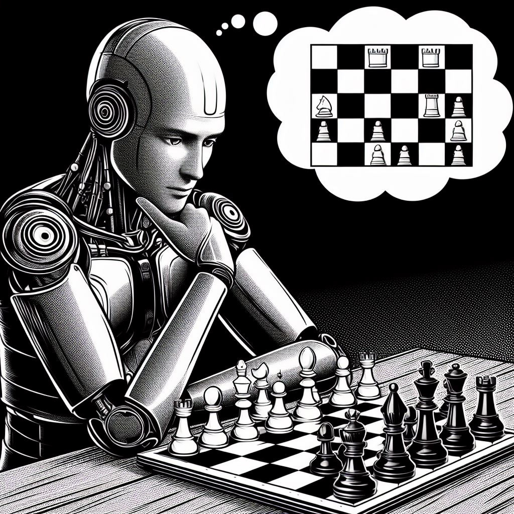 AI sitting in front of a chessboard and thinking about its next move.
