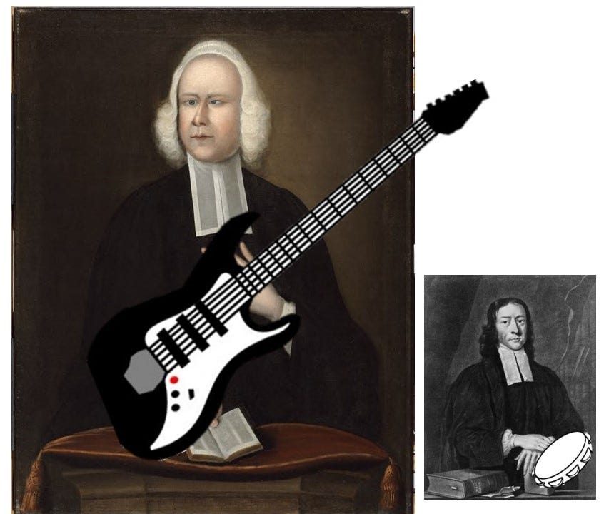 Portrait of 18th century cleric holding electric guitar, and another, much smaller, portrait of a different 18th century cleric holding a tambourine
