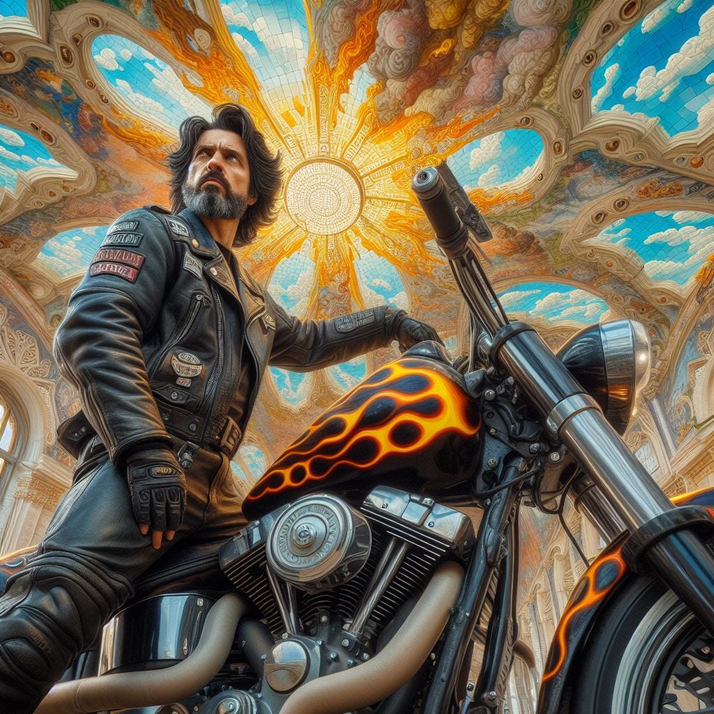 chunky oil painting with chunky paint scraper paint. Hyper realistic; tilt shift; Lensbaby Effect: middle aged dark haired heroic man black and brown leather motorcycle outfit. Standing by black harley motorcycle with fire painted on it.coral Quatrefoil:cream Gothic Tracery:Louver yellow/chartreuse decorative ceiling tiles.Hundertwasserhaus, Vienna, Austria: .• Grand Central Terminal, New York City, USA. Crystal sky. sunny sky, fluffy clouds. Vast distance. sunshower. radiant
