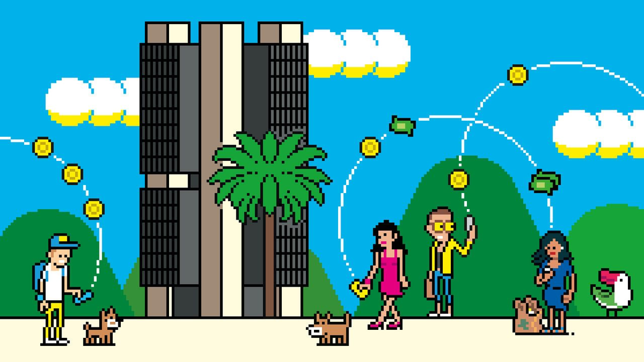 A pixel art illustration depicting a digital transaction in an urban setting. The central building appears to represent a financial institution. The image shows people using their phones, with digital coins.