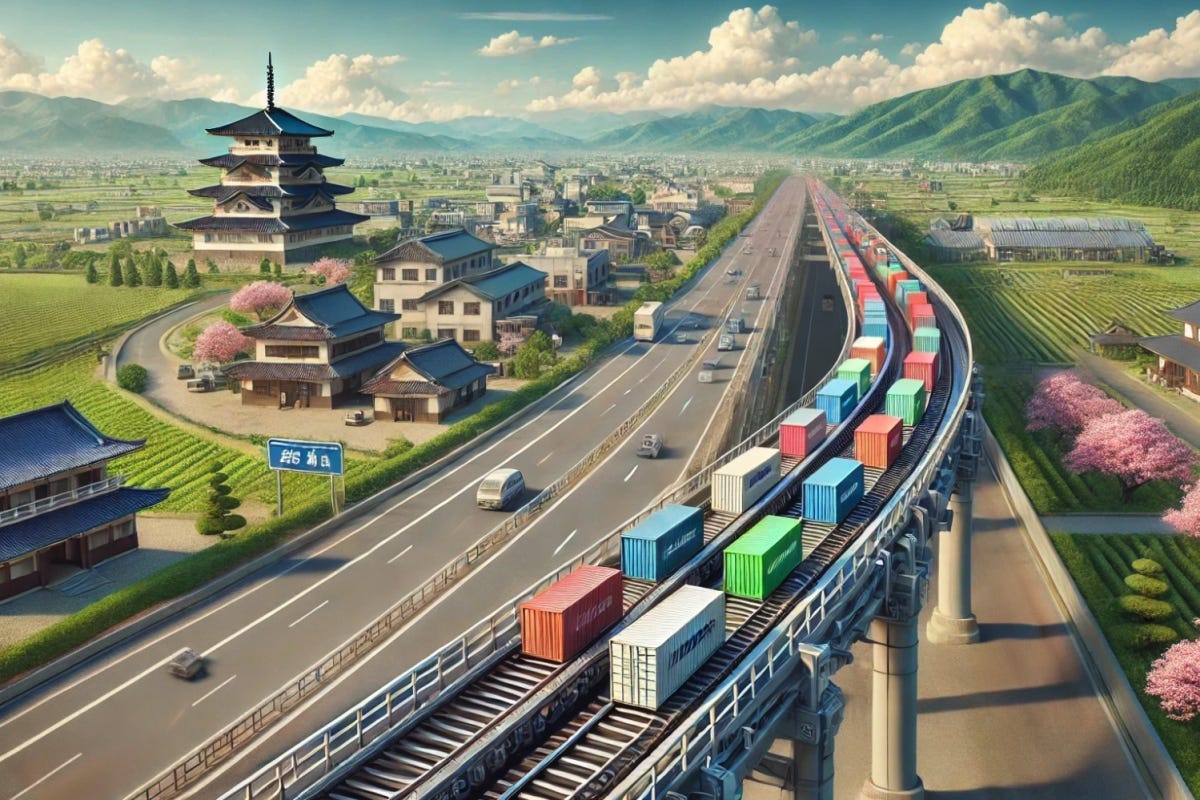 The Tokyo-Osaka automated logistics system, pictured using generative tools, will use conveyor belts or small, autonomous carts to move cargo