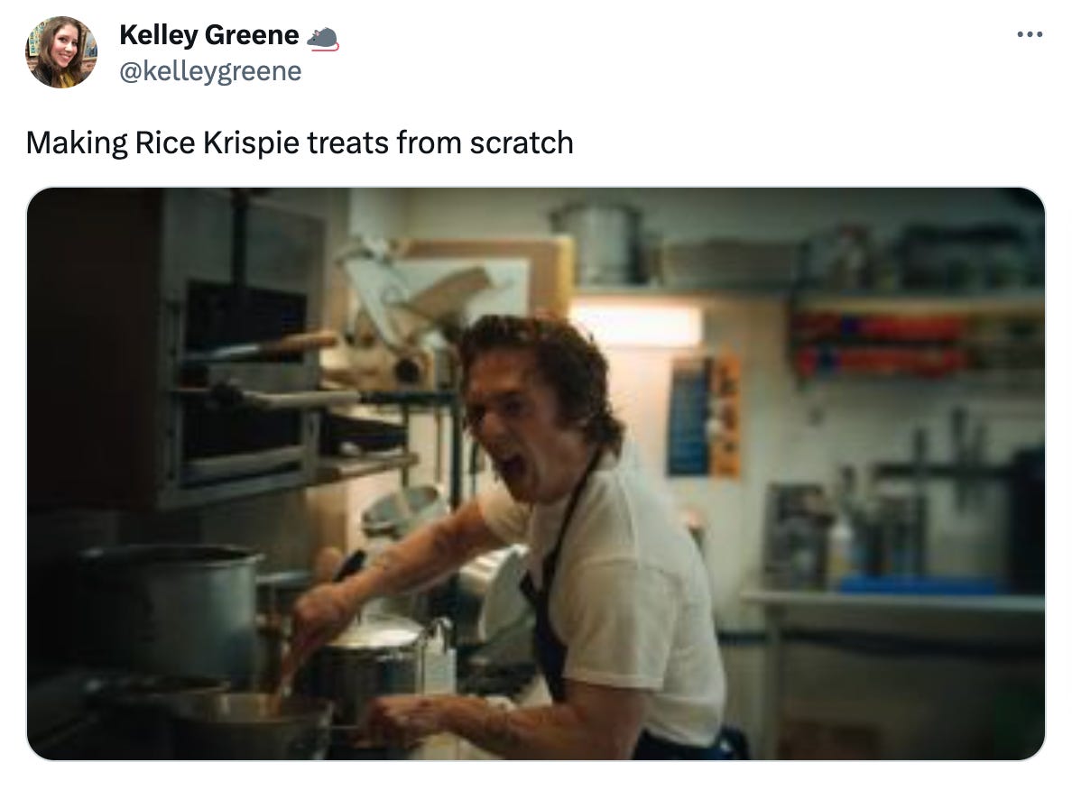 Tweet from @kelleygreene that reads "Making Rice Krispie treats from scratch" and is a still image from The Bear with Jeremy Allen White screaming in the kitchen