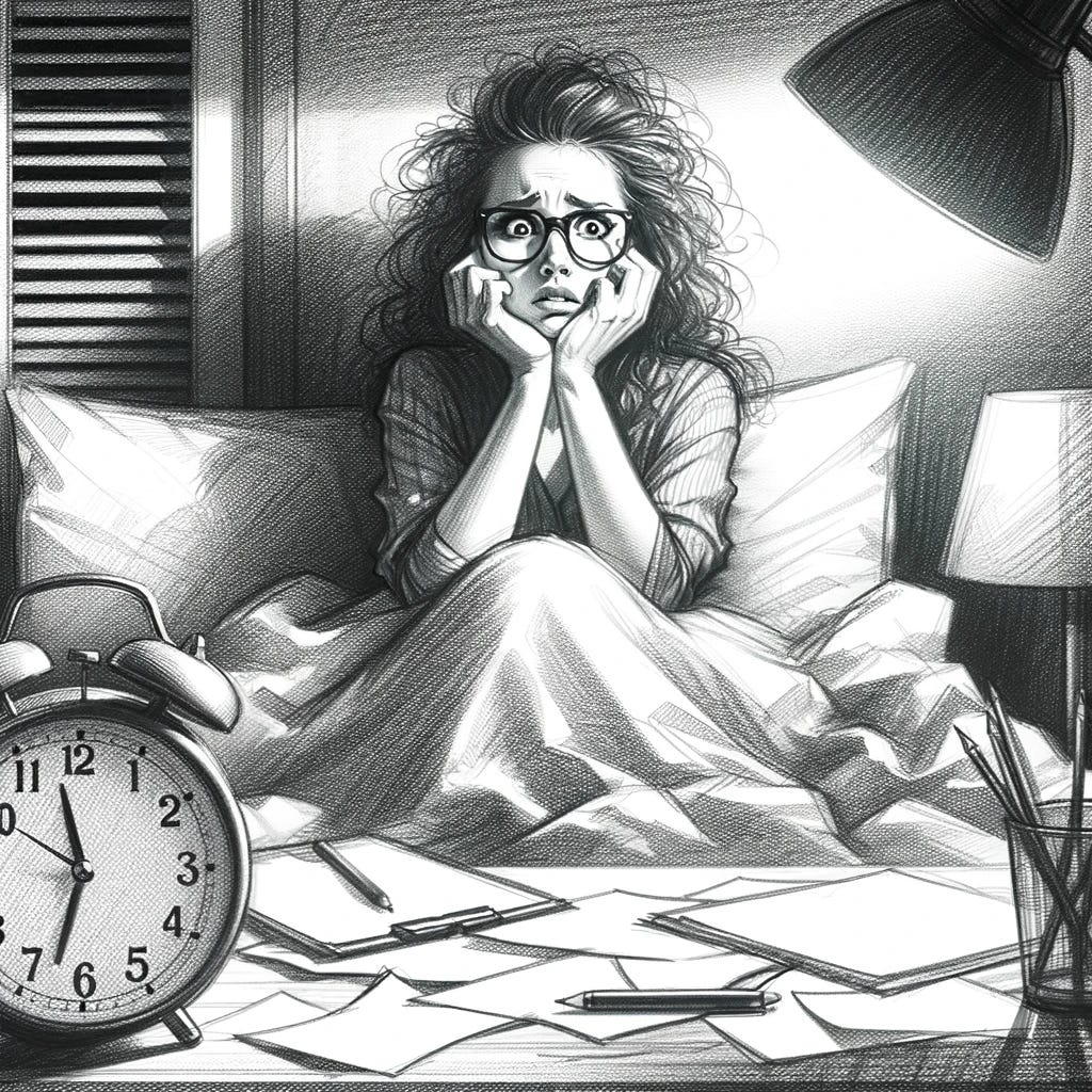 A pencil sketch of a woman with glasses and curly hair, sitting up in bed late at night, looking stressed and panicked. The scene should depict a dark room with minimal light, perhaps a bedside lamp, and show the woman with a worried expression, surrounded by scattered papers and a clock indicating late hours, capturing the moment of low-key panic over the presentation preparation.