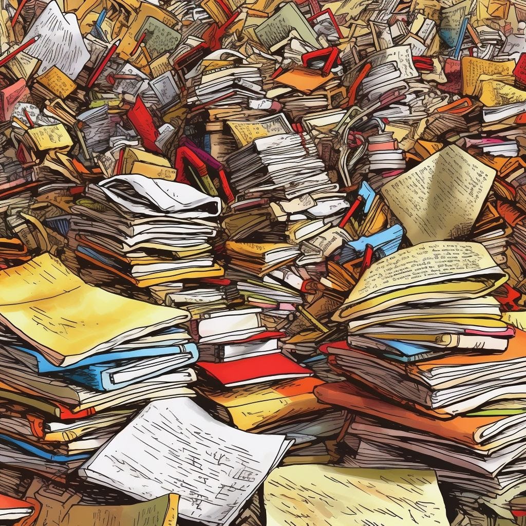 A messy pile of disorganized books, papers, and reports, representing the overpublication occurring in scientific literature