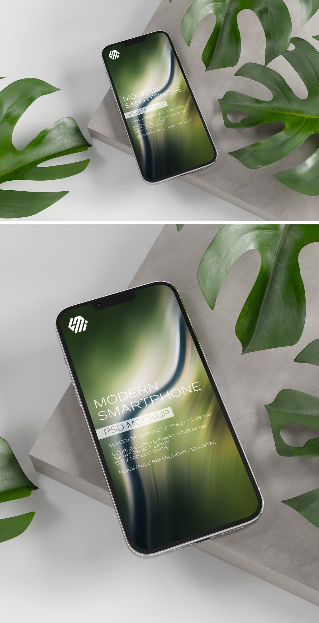 Mobile Phone Mockup On Concrete Display with Leaves