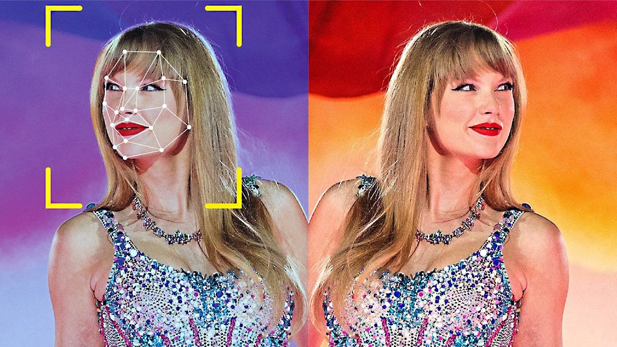 uma foto espelhada de Taylor Swift. na imagem normal, ela está com figurino do show, olhando para o lado e sorrindo levemente. na imagem espelhada, há um mapeamento de pontos no seu rosto, simulando uma tecnologia de reconhecimento facial.