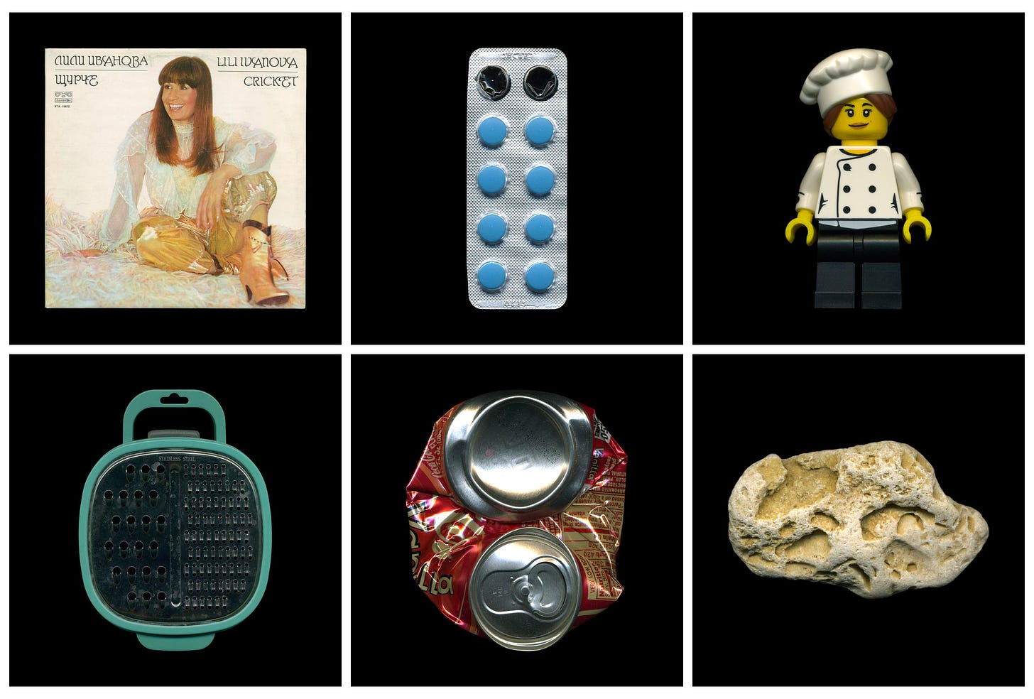 six scanned objects on black backgrounds. An album with a woman on the cover, a pack of pills, a lego person, a grater, a crushed can of soda, and a rock.