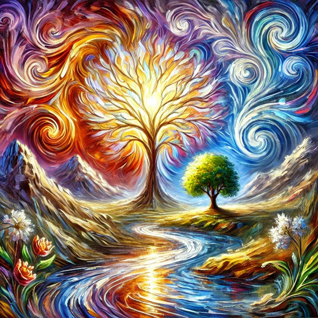 An impressionist-style oil painting focused on the human body's power to heal, represented symbolically through vibrant natural imagery. A radiant tree stands in the center of the scene, its branches glowing with light, symbolizing vitality and self-healing. Around it, a flowing river reflects a spectrum of warm and cool colors, representing balance and life’s rhythms. Gentle hills and blooming flowers suggest renewal and resilience, while abstract swirling patterns in the air evoke the unseen internal healing mechanisms. The brushstrokes are expressive and textured, with bold, rich colors conveying energy and restoration.