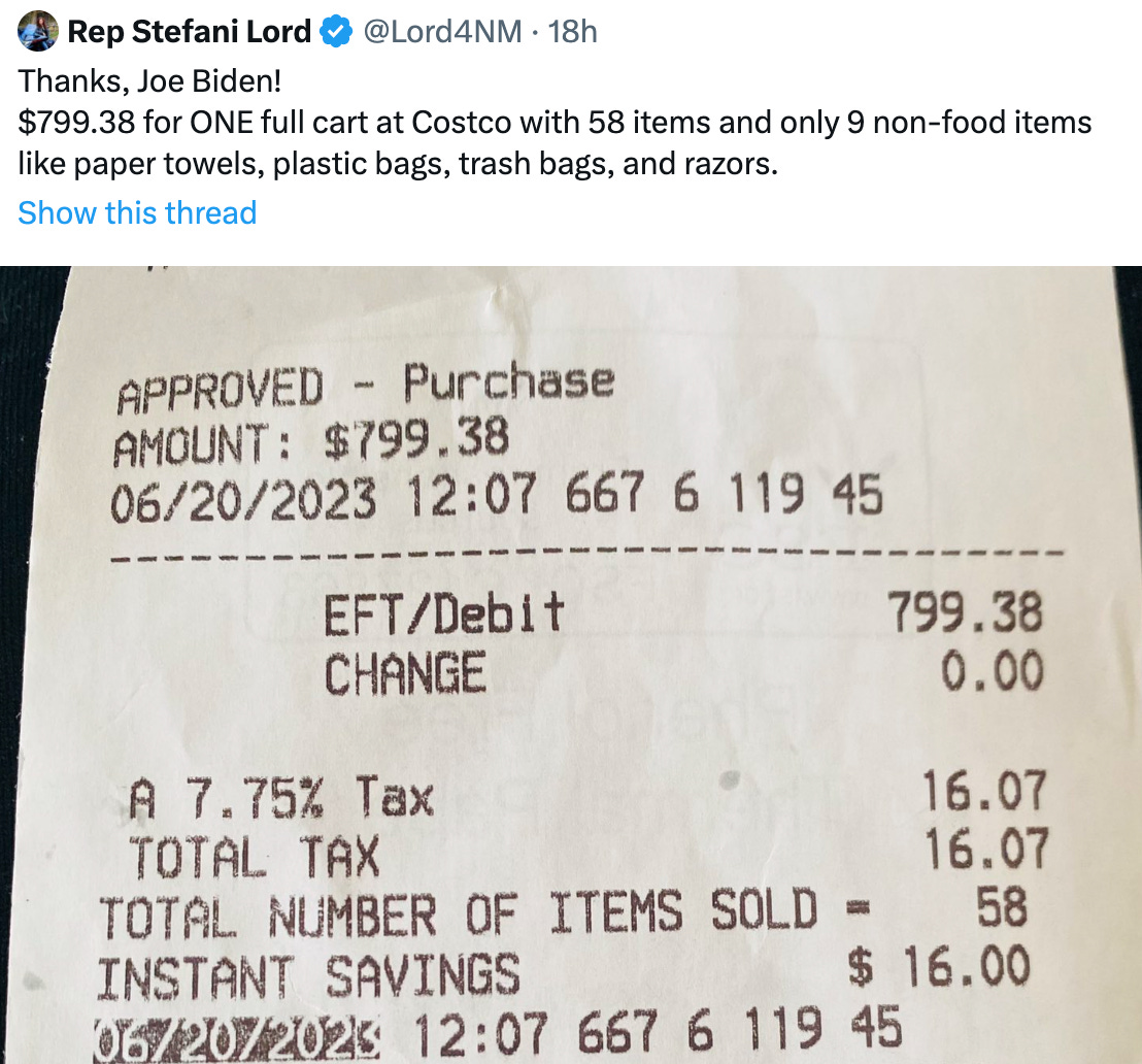 Tweet from a New Mexico Republican reproducing her Costco receipt for $799 and her saying "thanks Joe Biden! $799.38 for ONE full cart at Costco with 58 items in it!" 