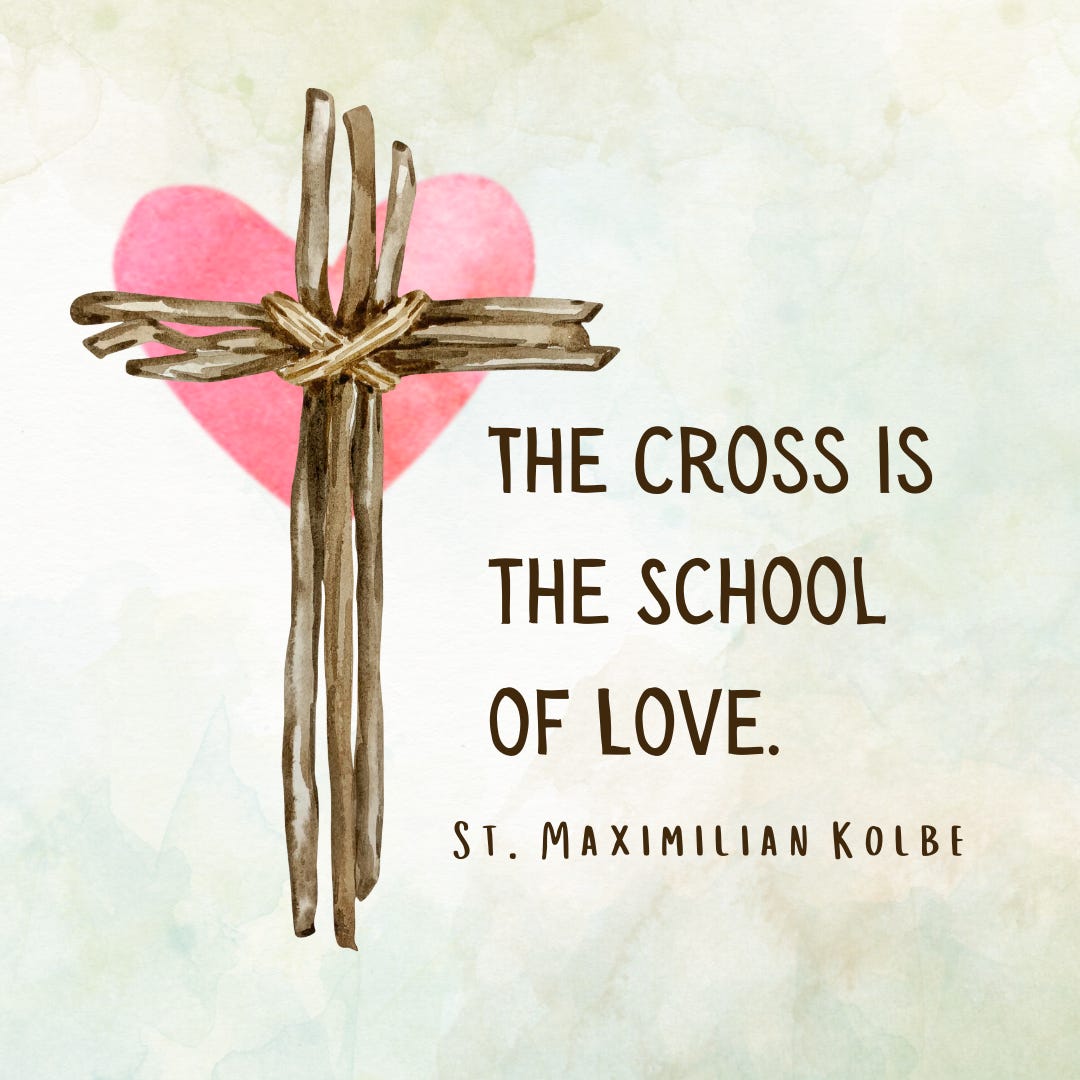 An illustration of a cross made of bound sticks with a pink heart behind it. It is accompanied by the text "The cross is the school of love. - St. Maximilian Kolbe"