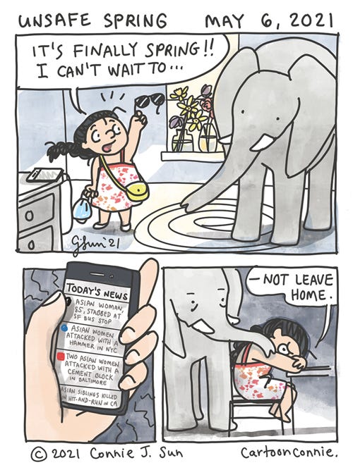 Unsafe Spring Sketchbook comic diary about the ongoing rise of anti-asian hate crimes in America, illustration by Connie Sun, cartoonconnie