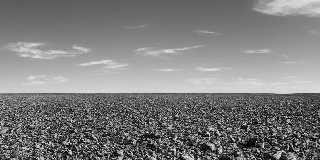 Prompt: “ a completely barren and desolate land stretches out to the horizon, no grass or trees, overcast, ground made of gravel and scree ”