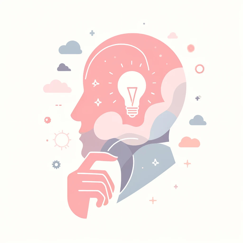 A minimalistic illustration of a thinking person, using pastel colors with a focus on pink. The design should be simple and clean, with soft lines and a reflective feel. The person should appear thoughtful, with elements like light bulbs or gears subtly incorporated to symbolize thinking and ideas. The overall style should be artistic and gentle, matching the 10x Your Mind theme.