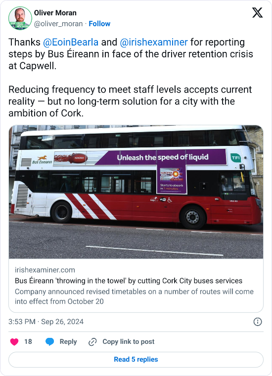 A tweet with the text, "Thanks @EoinBearla and @irishexaminer for reporting steps by Bus Éireann in face of the driver retention crisis at Capwell. Reducing frequency to meet staff levels accepts current reality — but no long-term solution for a city with the ambition of Cork."