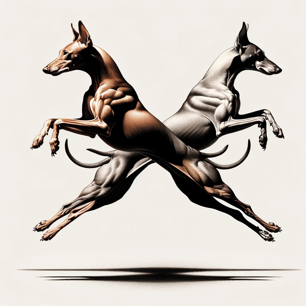 Illustrate two Cirneco dell'Etna dogs leaping in the air, forming perfect arcs, using chiaroscuro technique. The chiaroscuro should create a dramatic contrast between light and shadow, emphasizing the motion and form of the dogs. The dogs should be captured in mid-leap, their bodies curved gracefully, showcasing their agility and elegance. The background should be minimalistic to highlight the chiaroscuro effect, focusing attention on the dynamic movement and the play of light and shadow on the dogs' figures.