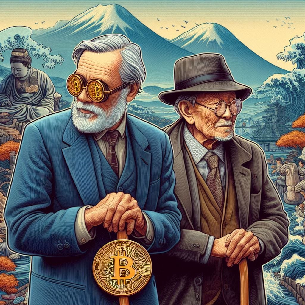 frail western old man in suit & thick glasses don't like bitcoin. hokusai digital art impression.