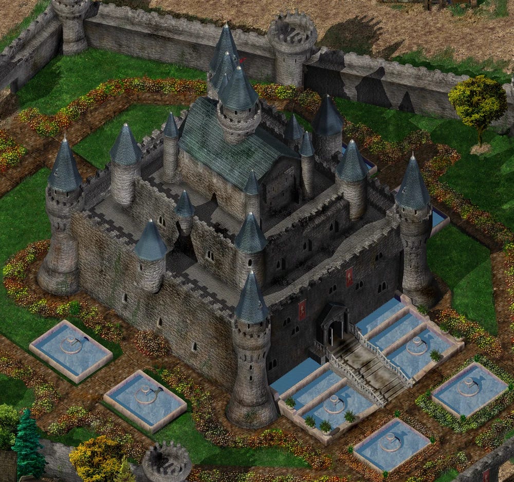 A screenshot from the computer game Baldur's Gate depicting the Candlekeep Library, a huge stone building covered in dark-blue steeples and surrounded by a flower garden and several fountains.