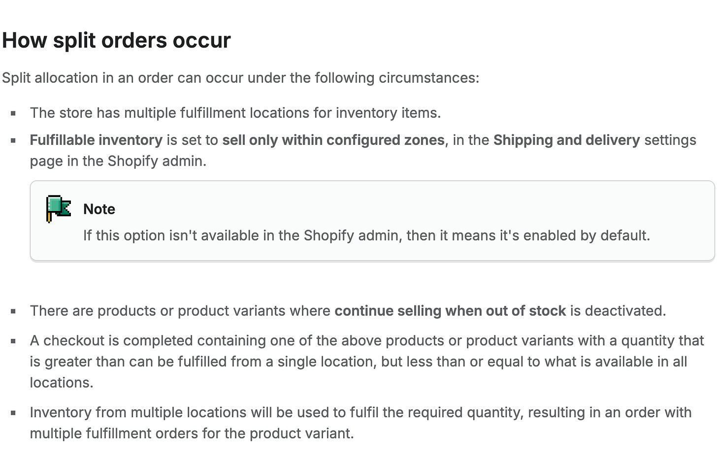 The image displays a section titled "How split orders occur." It lists the conditions under which a single line item's quantity in a Shopify order can be split across multiple fulfillment locations at checkout.