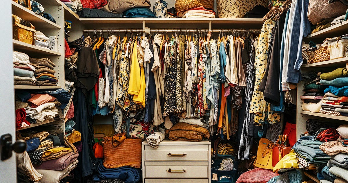 Packed closet overflowing with clothes