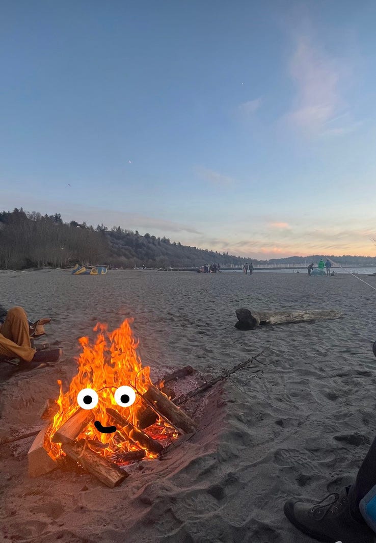 Photo of a little bonfire at sunset on a beach. Little googly eyes have been drawn on top of the flames. 