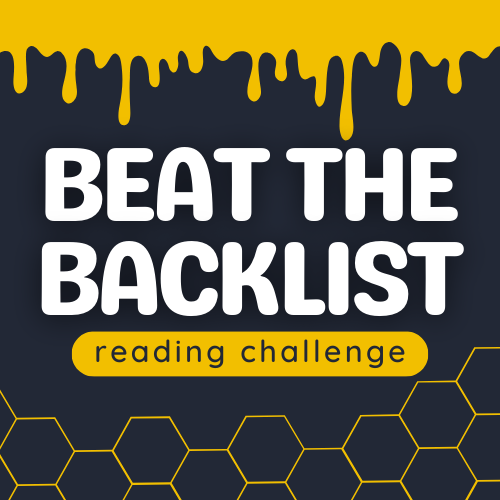 Beat the Backlist reading challenge square icon with yellow honey oozing from the top and a yellow honeycomb pattern along the bottom.