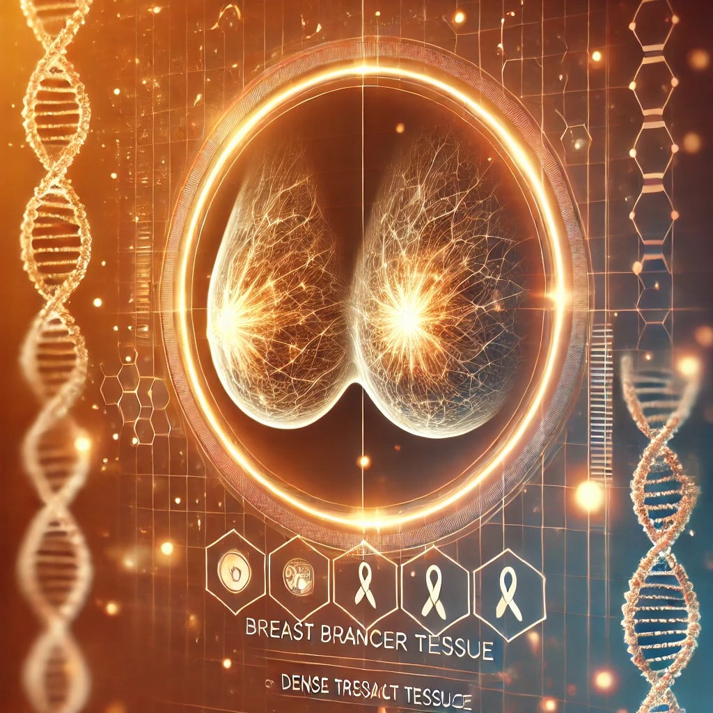 A modern and professional medical illustration focusing on breast cancer screening and dense breast tissue. The image features a warm color palette to evoke a positive response, with an abstract depiction of mammography screening. A simplified, clean visual of a breast scan is shown with symbolic representations of risk assessment, such as soft glowing nodes representing breast tissue density. DNA strands subtly appear in the background to signify genetic considerations. The design conveys innovation, public health advancement, and scientific progress. The style is sleek, clean, and engaging, avoiding unsettling visuals while ensuring clarity in medical communication.