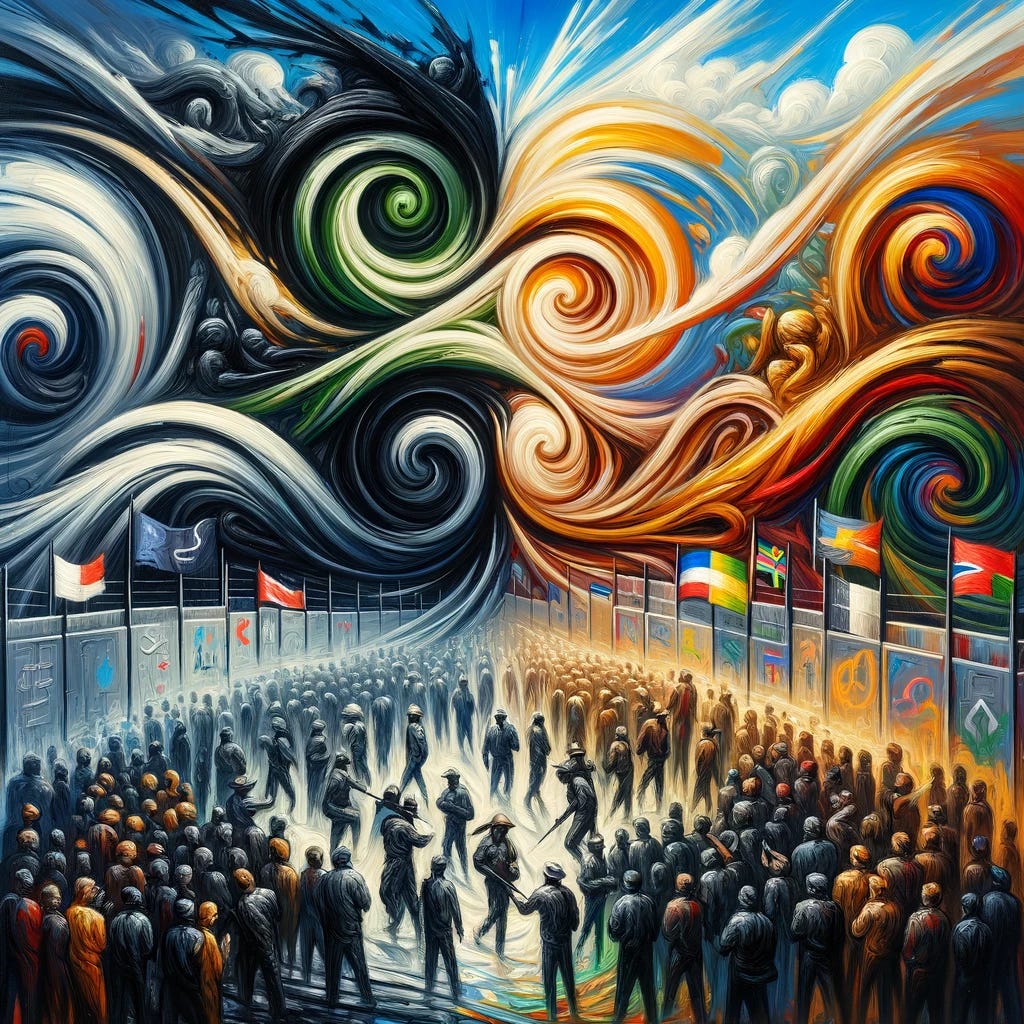 An abstract painting depicting the ideologies of the Rassemblement National (RN) and AfD. Swirling, dark brushstrokes represent themes of nationalism and exclusion. Figures symbolize discrimination and preference for native citizens in access to jobs, social benefits, healthcare, and housing. Contrasting colors highlight the tension between global liberalism and nationalist ideals. The background features abstract representations of barriers and division, reflecting the parties' promise to close borders and end immigration. The style resembles oil on canvas with expressive and intense undertones.
