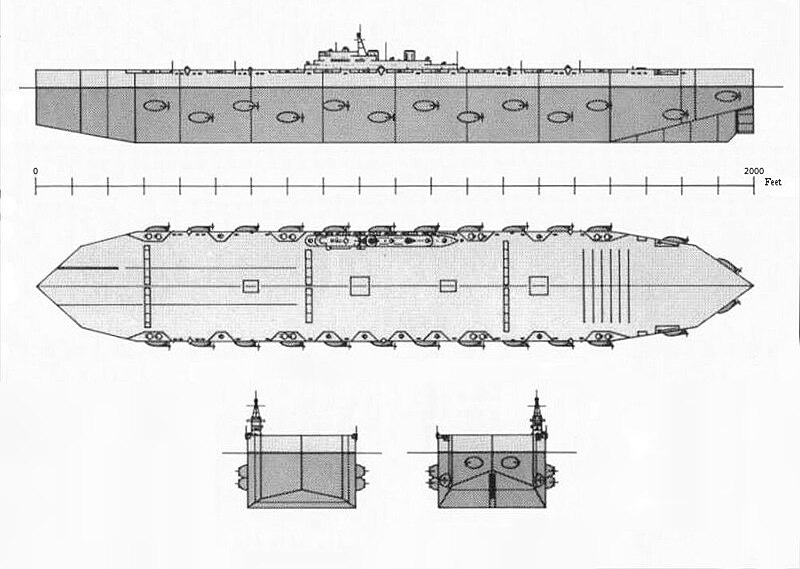 Cross section diagram of the proposed 600-metre-long aircraft carrier made of ice and sawdust invented by Geoffrey Pyke in the Second World War.