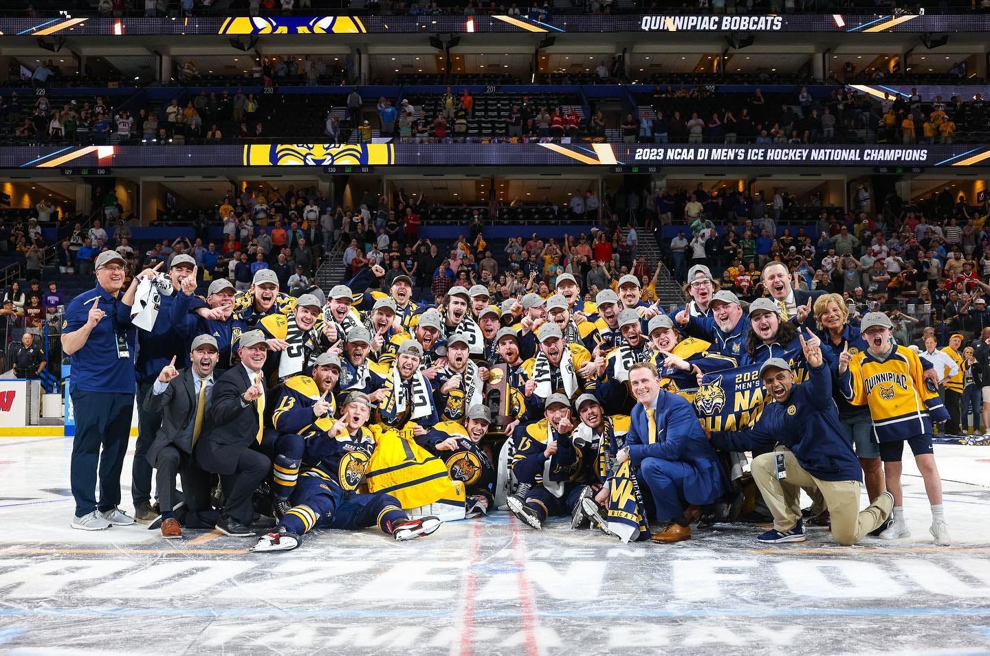 May be an image of hockey and text that says 'QUINNIPIAC BOBCATS 2023 NCAA MEN'S ICE HOCKEY NATIONAL CHAMPIONS A DICATE'