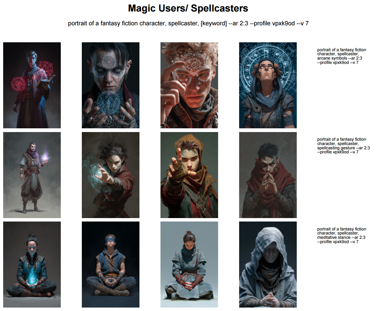 Sample page from the Midjourney Fantasy Character Keyword Collection