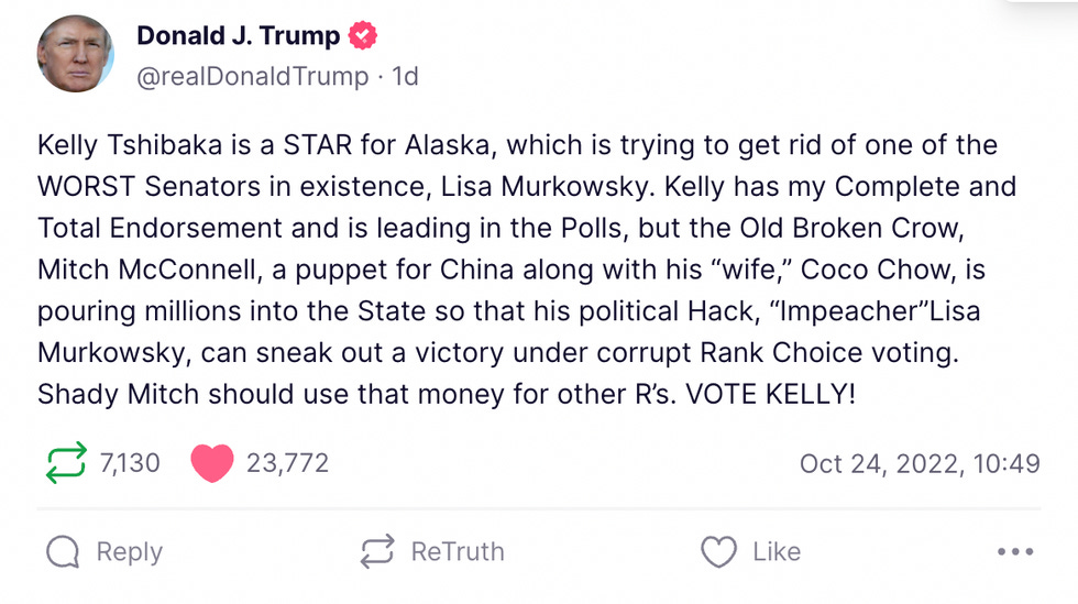 Kelly Tshibaka is a STAR for Alaska, which is trying to get rid of one of the WORST Senators in existence, Lisa Murkowsky. Kelly has my Complete and Total Endorsement and is leading in the Polls, but the Old Broken Crow, Mitch McConnell, a puppet for China along with his \u201cwife,\u201d Coco Chow, is pouring millions into the State so that his political Hack, \u201cImpeacher\u201dLisa Murkowsky, can sneak out a victory under corrupt Rank Choice voting. Shady Mitch should use that money for other R\u2019s. VOTE KELLY!