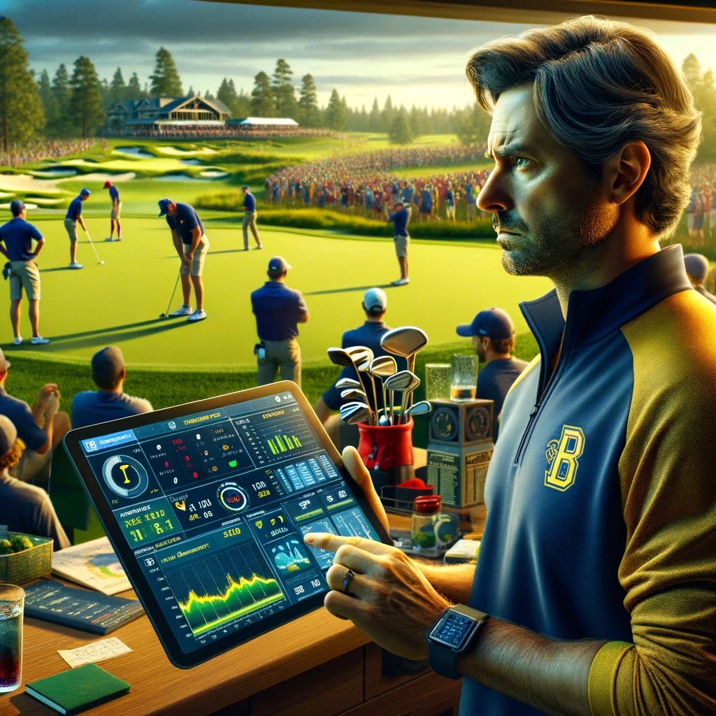 Visualize a scene at a college golf tournament where a nervous college golf coach is intently watching the progress of the game. The coach, dressed in the team's colors, stands with a tablet in hand, displaying real-time data and analytics related to the tournament. The screen shows various statistics such as player performance metrics, course conditions, and leaderboards. The coach's expression is a mix of concentration and anxiety, reflecting the high stakes of the competition. Around him, the golf course is bustling with activity, with players in the distance taking their shots and team members discussing strategy. This image captures the tension and excitement of collegiate sports, where technology and data play a crucial role in decision-making. The setting is outdoors, with the lush greenery of the golf course providing a vibrant backdrop to the technological and emotional elements of the scene.