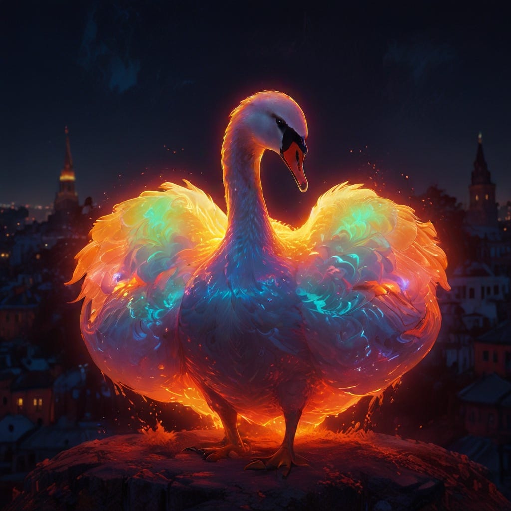 orange swan rising like a titan from the center of an old city, view from above