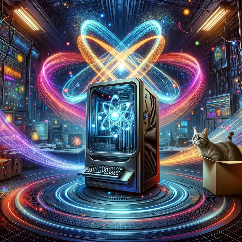 A depiction of quantum computing with a computer situated in the middle of atomic beams. The scene features a sleek, futuristic computer surrounded by swirling, colorful beams representing atomic particles. A cat peeks out from a box, curiously looking at the computer. The background showcases a high-tech laboratory with complex equipment, glowing screens, and a mysterious, sci-fi ambiance. The computer is at the focal point, with beams of light and particles intertwining around it, creating a sense of cutting-edge technology and scientific breakthrough.