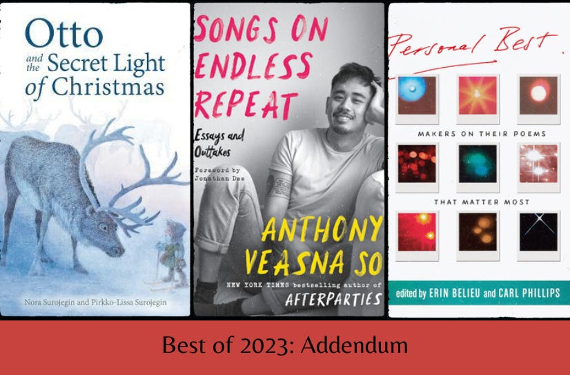 Small cover images of the listed books above the text ‘Best of 2023: Addendum’ on a red background.