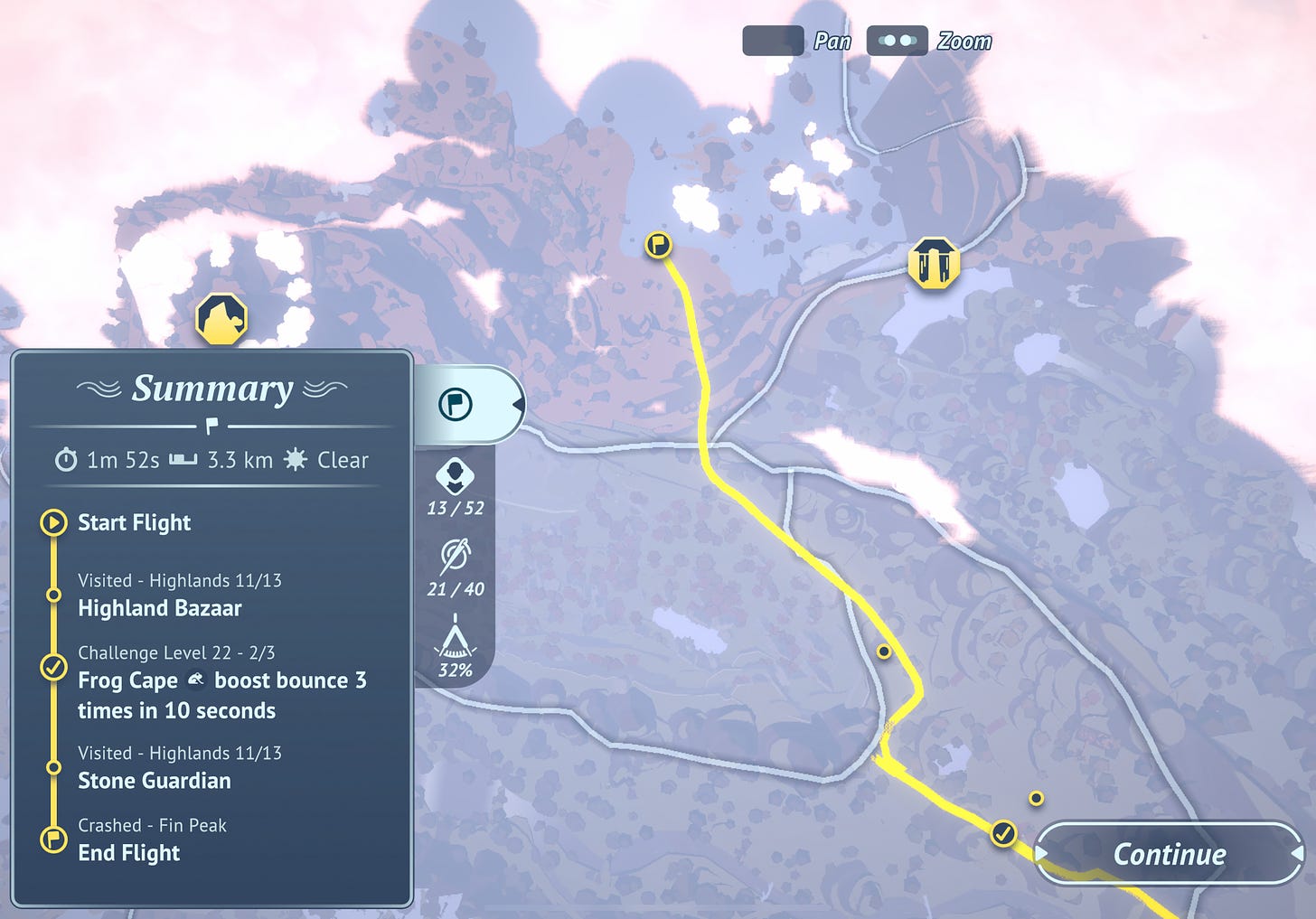 Top down map summary with a route highlight in yellow, and a list of events during the flight, like areas visited.