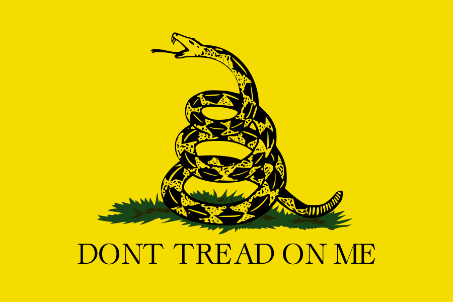 The Gadsden flag, a drawing of a coiled snake on a small patch of grass, with a yellow background for the whole flag, and the words "DONT TREAD ON ME" written across the bottom.