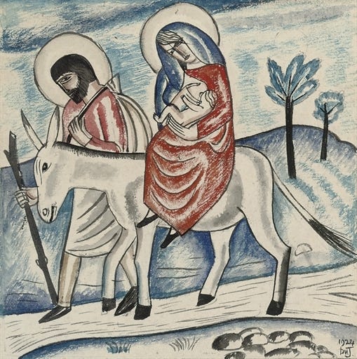 Artwork by David Jones, Mary and Joseph with baby Jesus and the donkey, Made of pencil, ink, watercolour and pastel