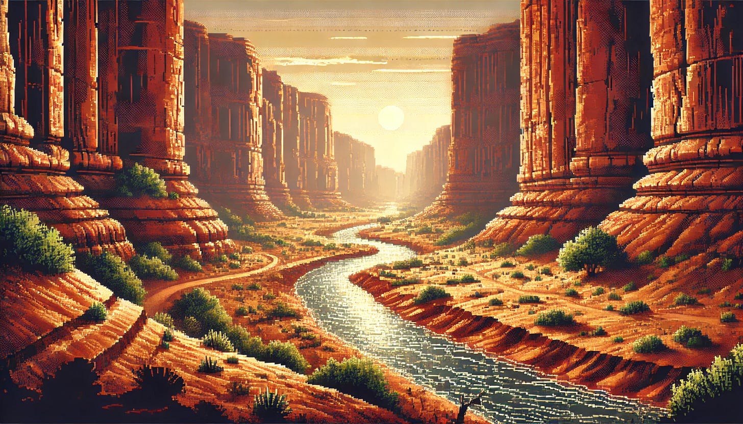 A scenic pixel art of a desert canyon with a winding river running through it, viewed from one end of the canyon. The canyon walls are rugged and detailed, with layers of red and orange rock, and sparse desert vegetation scattered across the terrain. The river reflects the warm sunlight as it meanders into the distance, fading into a hazy horizon where the canyon narrows. The scene captures the vastness and tranquility of the desert landscape in an 80s computer game style. No text included.