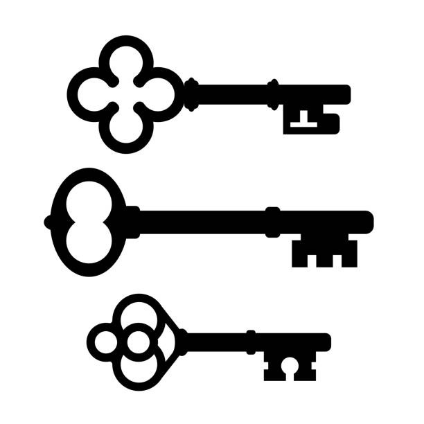 Old skeleton key vector icon Old ornate keys vector icons set isolated on white background key silhouettes stock illustrations