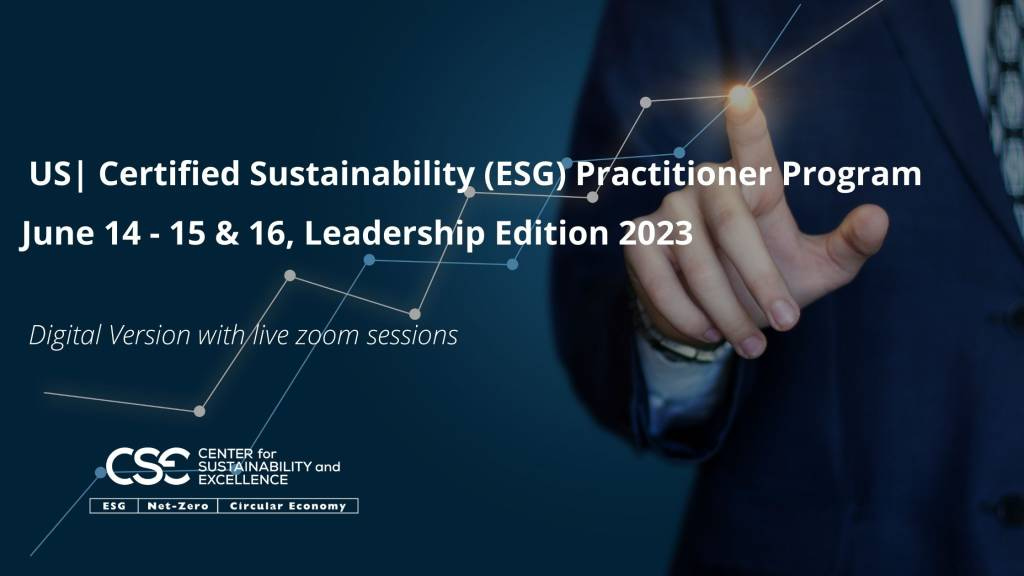 Image of pointer on chart overlaid with text describing CSE's Certified Sustainability (ESG) Practitioner Program