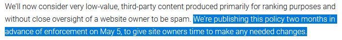 Snippet from Google's announcement of its new spam policies
