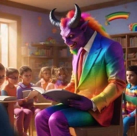 AI-produced image of devil wearing rainbow suit reading to a classroom full of children, many of whom have grotesque features thanks to shitty AI art creation