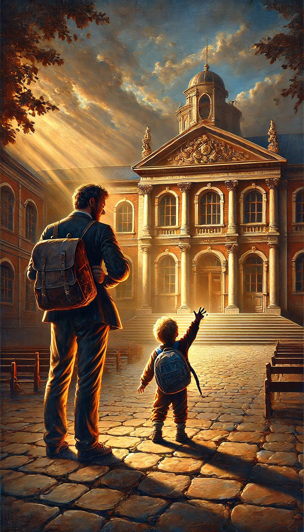 A Baroque painting of a father watching his son go to his first day of kindergarten, father with an emotional expression, child joyfully waving goodbye, in front of a grand school building, background with dramatic lighting and ornate details, deep contrasts, rich colors. Created Using: oil paints, impasto technique, tenebrism, dynamic composition, exaggerated emotions, realistic textures, atmospheric effects, detailed surroundings, intricate brushwork.