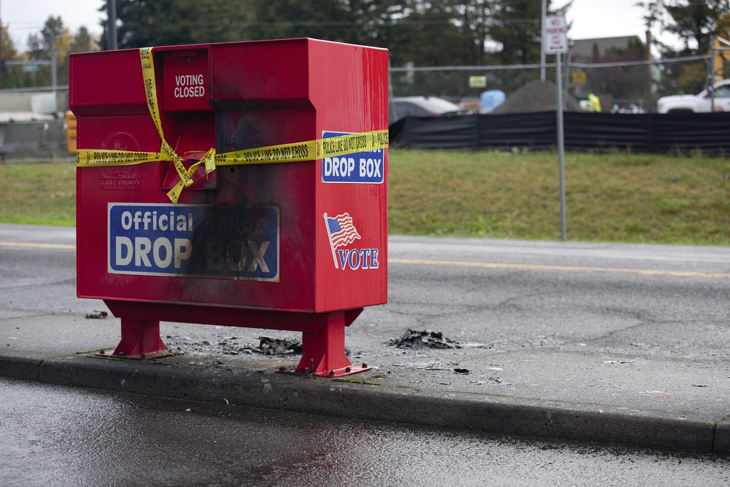 A ballot drop box in at the Fisher's Landing Transit Center in Vancouver, Wash., pictured here Oct. 28, 2024, was set ablaze early Monday morning. The fire destroyed hundreds of ballots.