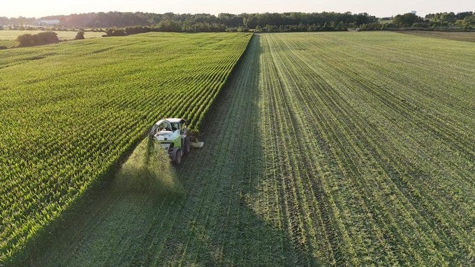 Image: tractor plowing under corn in a large field