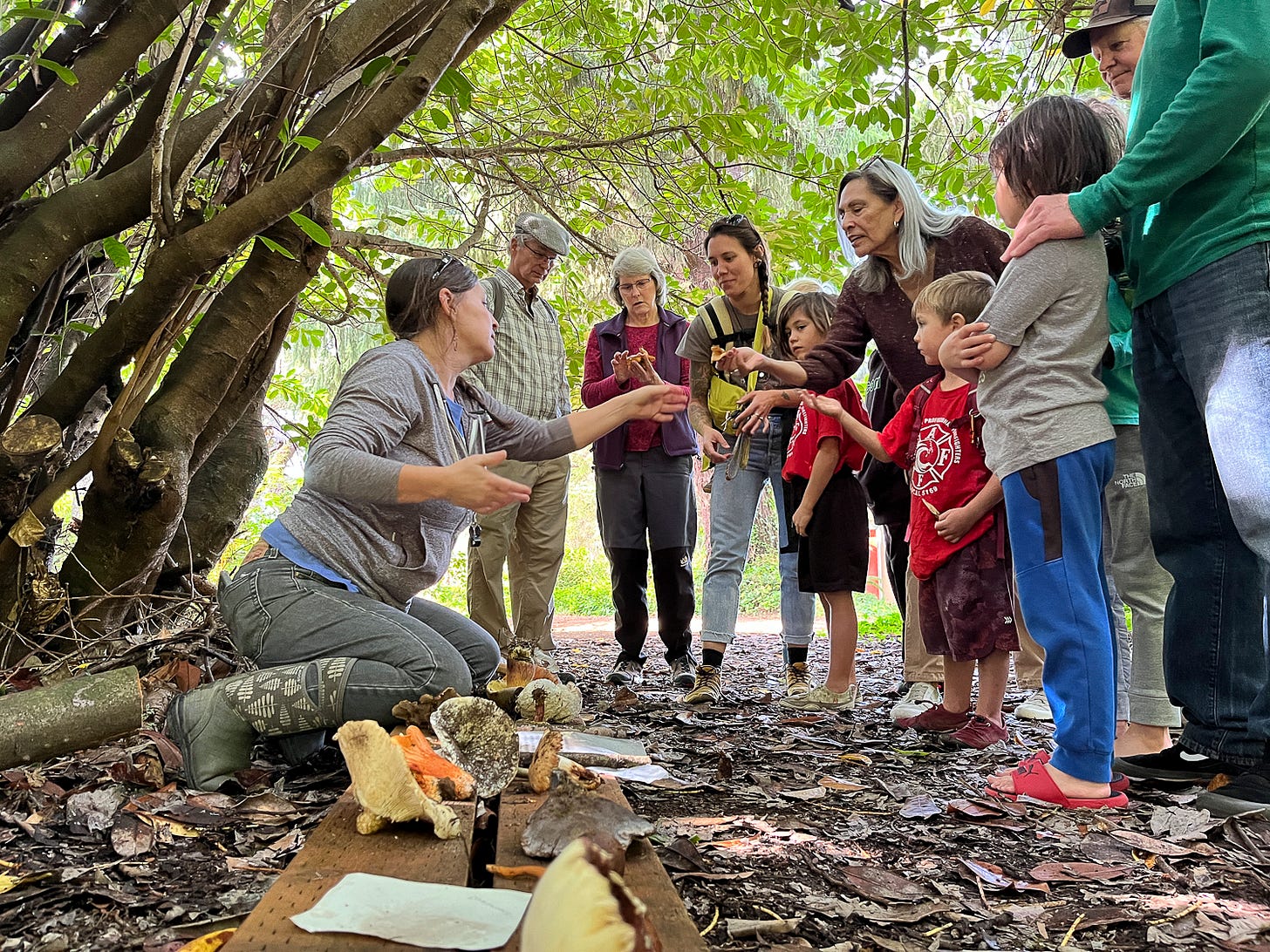 Susie Holmes handing mushroom to children Susie Holmes handing mushroom to children