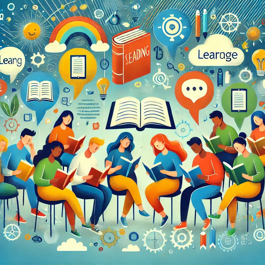 An engaging and educational illustration showing a group of diverse students reading books, with an abstract background that incorporates elements of learning, such as books, speech bubbles, and language-related icons. The students are sitting comfortably in a circle, some discussing while others are immersed in reading. There are subtle elements indicating a digital connection, like small, faint icons of screens or notifications, hinting at an online reading program. The colors are warm and inviting, with shades of blue, green, and yellow, giving a sense of curiosity, learning, and collaboration.